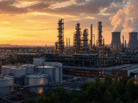 Lanxess AG (DE0005470405) betreibt Spezialchemie-Anlagen mit Tanks und Türmen im Abendlicht am Rhein - Foto: THN
