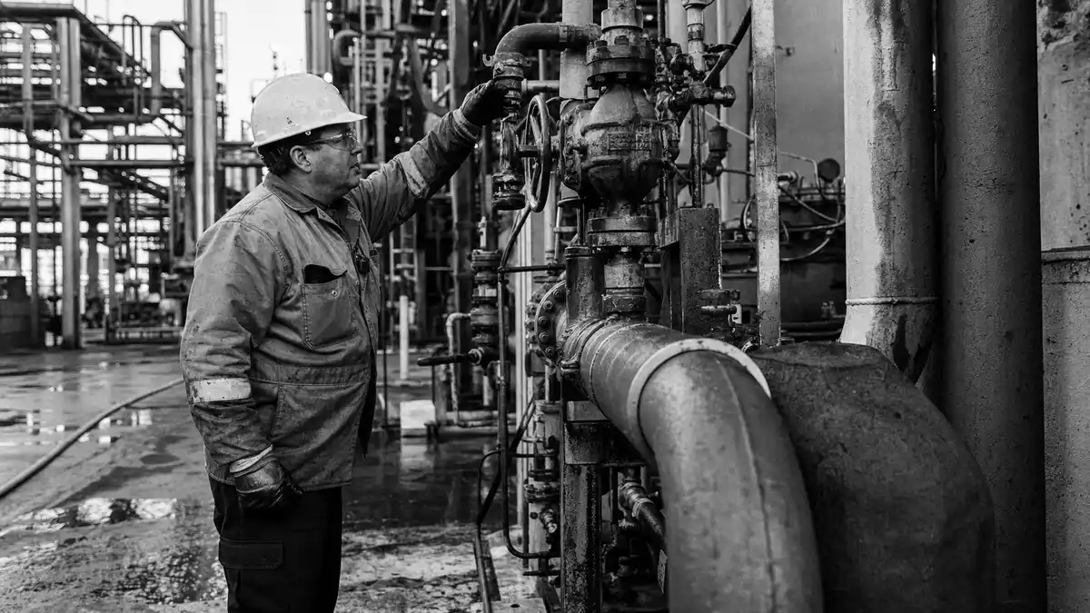 Schwarzweiß-Reportagefoto eines Arbeiters an Ventilen einer Chemiefabrik
