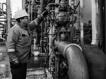 Lanxess AG (DE0005470405) zeigt einen Anlagentechniker bei der Wartung von Rohrleitungen in Schwarzweiß - Foto: THN