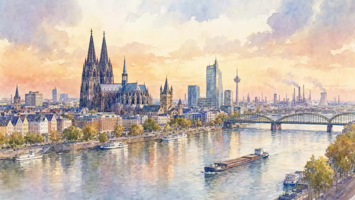 Aquarellmalerei einer Rheinstadt mit Kathedrale und Industrieanlagen im Hintergrund