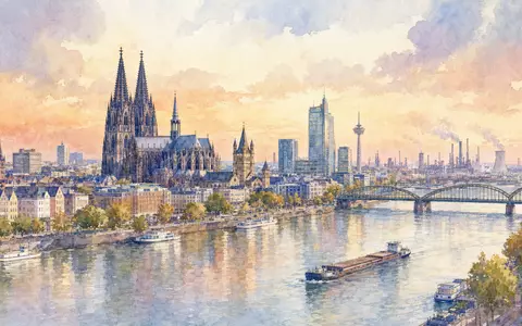 Lanxess AG (DE0005470405) mit Sitz nahe Köln, dargestellt als Aquarell-Stadtansicht am Rhein mit Industrie - Foto: THN
