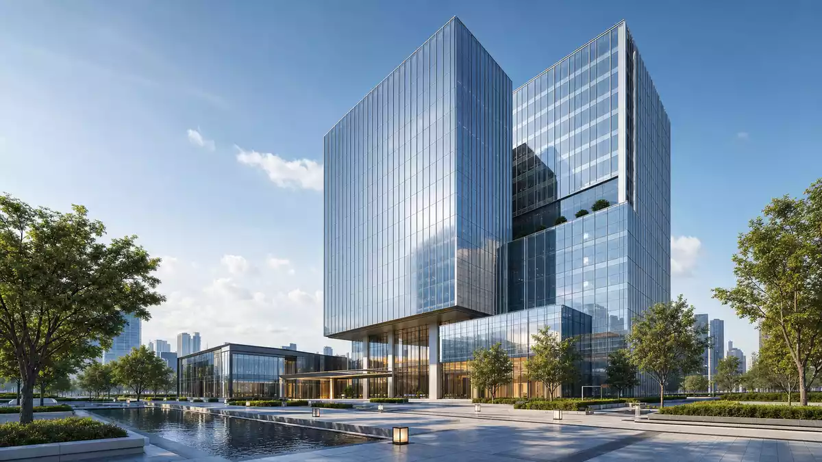 Architektur-Render eines modernen verglasten Firmensitzes mit Wasserbecken davor