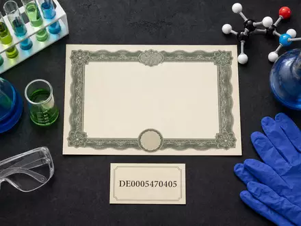 Lanxess AG (DE0005470405) illustriert als edles Flatlay mit Aktienzertifikat, ISIN-Karte und typischen Laborutensilien der Chemiebranche - Foto: THN