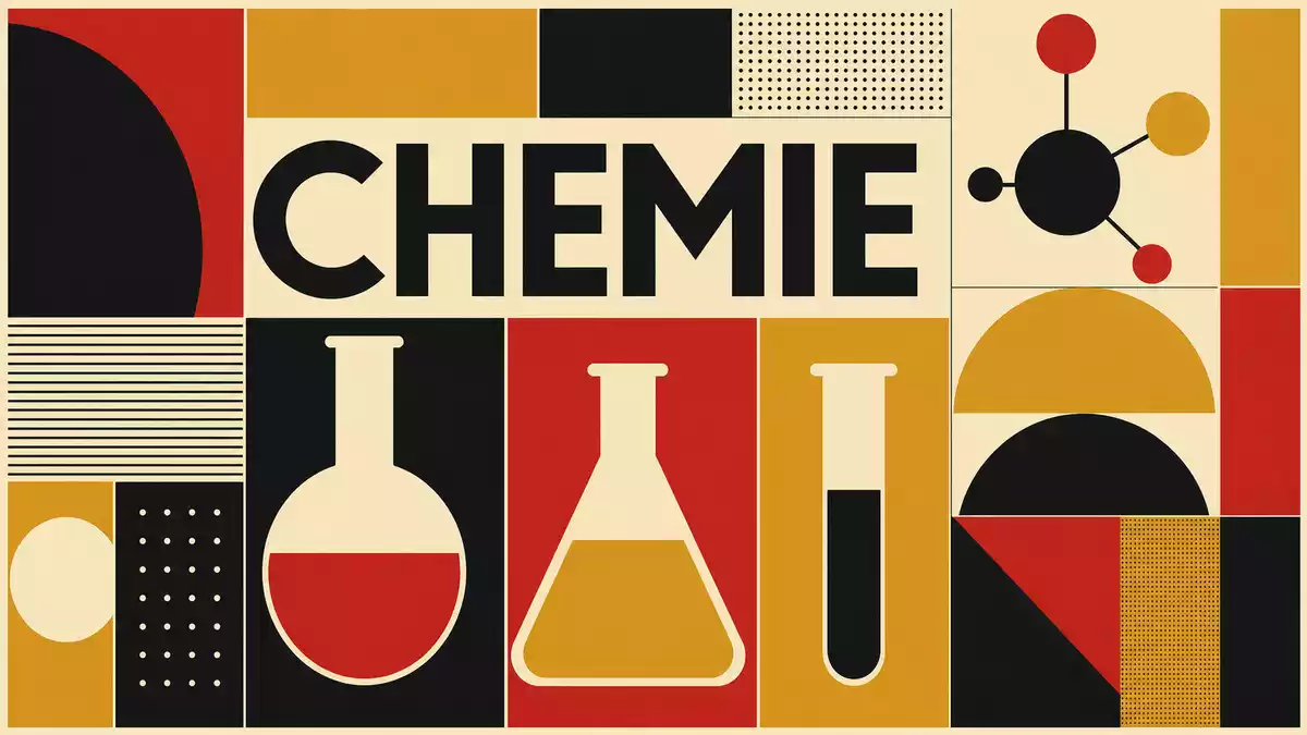 Bauhaus-Poster mit geometrischen Formen, Kolben und dem Schriftzug CHEMIE