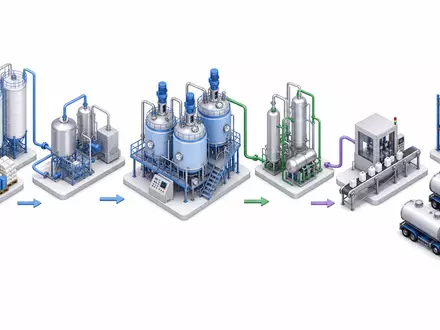 Lanxess AG (DE0005470405) veranschaulicht die gesamte chemische Wertschöpfungskette als übersichtliches isometrisches 3D-Prozessdiagramm mit Anlagen - Foto: THN