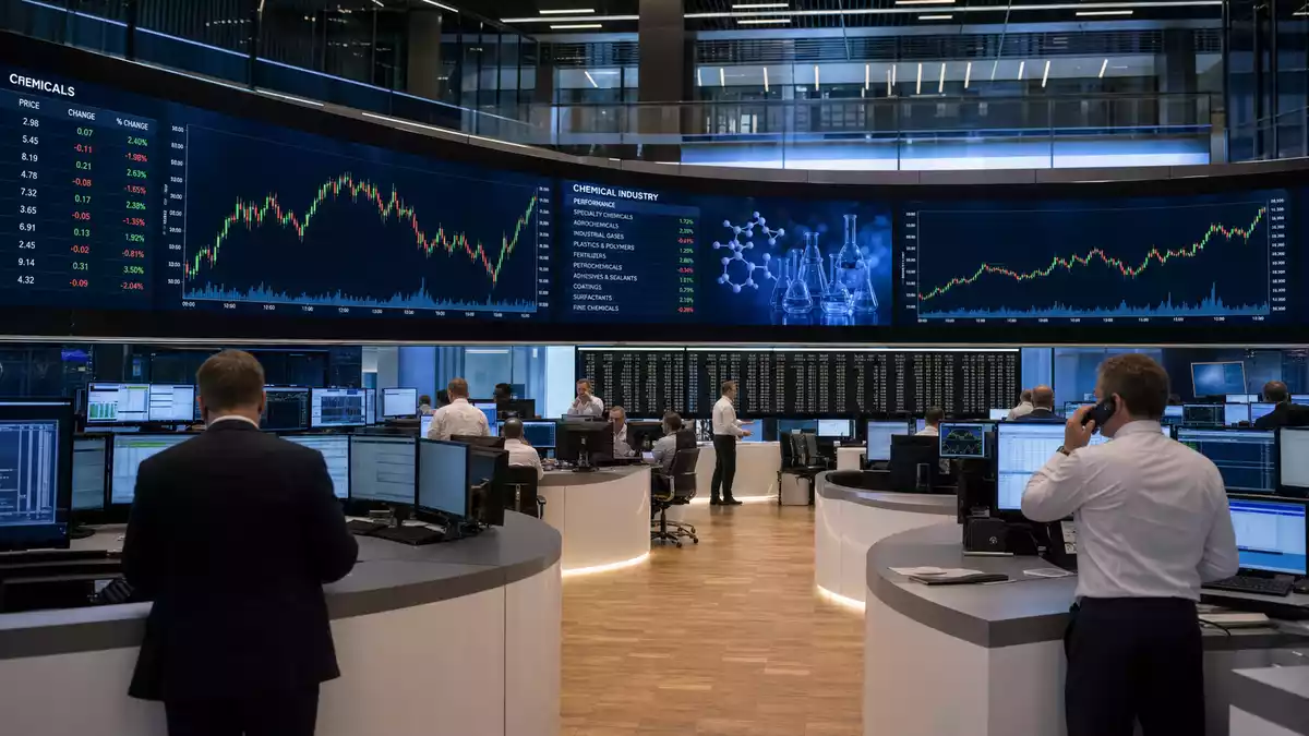 Trading-Floor mit Börsenhändlern vor Bildschirmen mit Chemie-Sektor-Charts