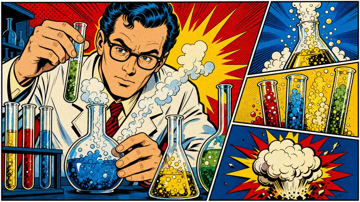 Pop-Art-Comic mit Wissenschaftler und bunten sprudelnden Chemiekolben