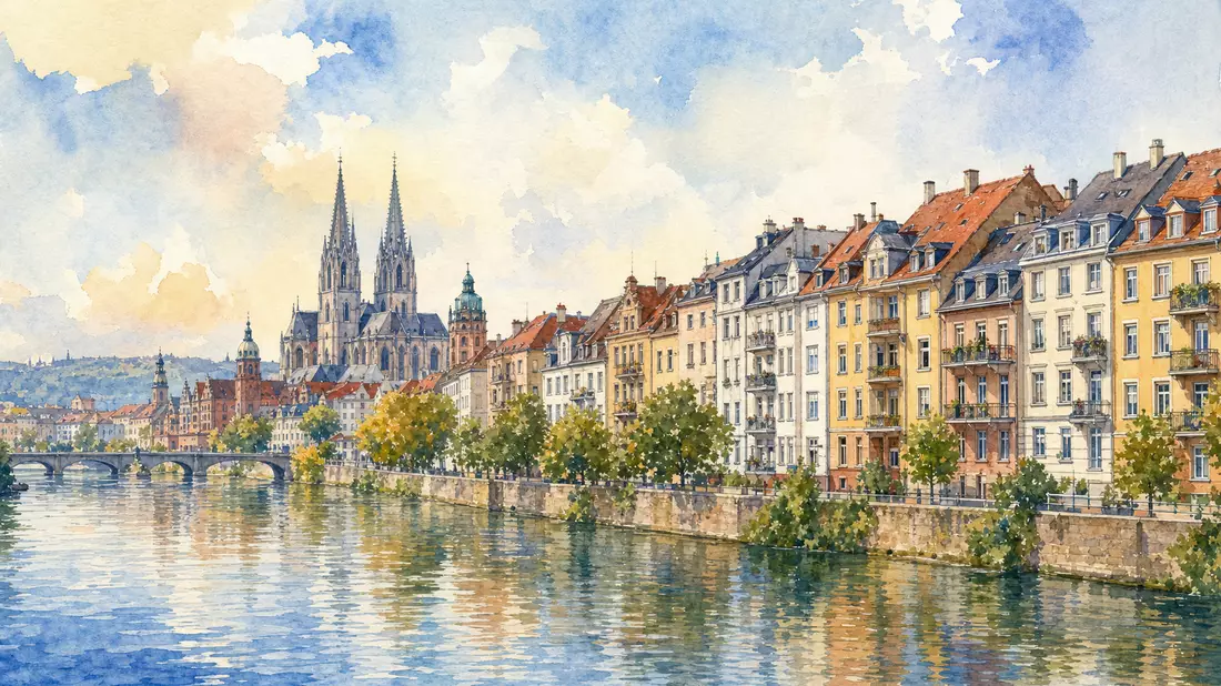 Aquarellmalerei einer deutschen Stadtsilhouette mit Wohnhäusern am Flussufer