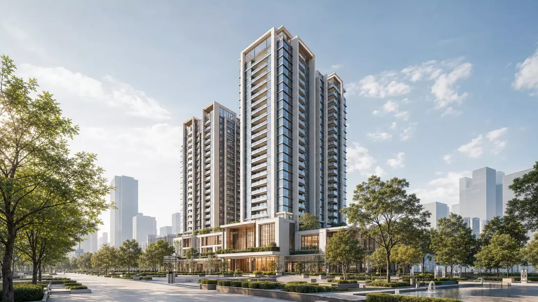 3D-Architekturrendering eines modernen Wohnhochhauses mit Glasfassade und Platz