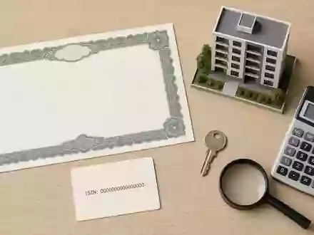LEG Immobilien SE (DE000LEG1110) als Immobilienaktie symbolisiert durch Zertifikat, ISIN-Karte und Gebäudemodell im Flatlay - Foto: THN