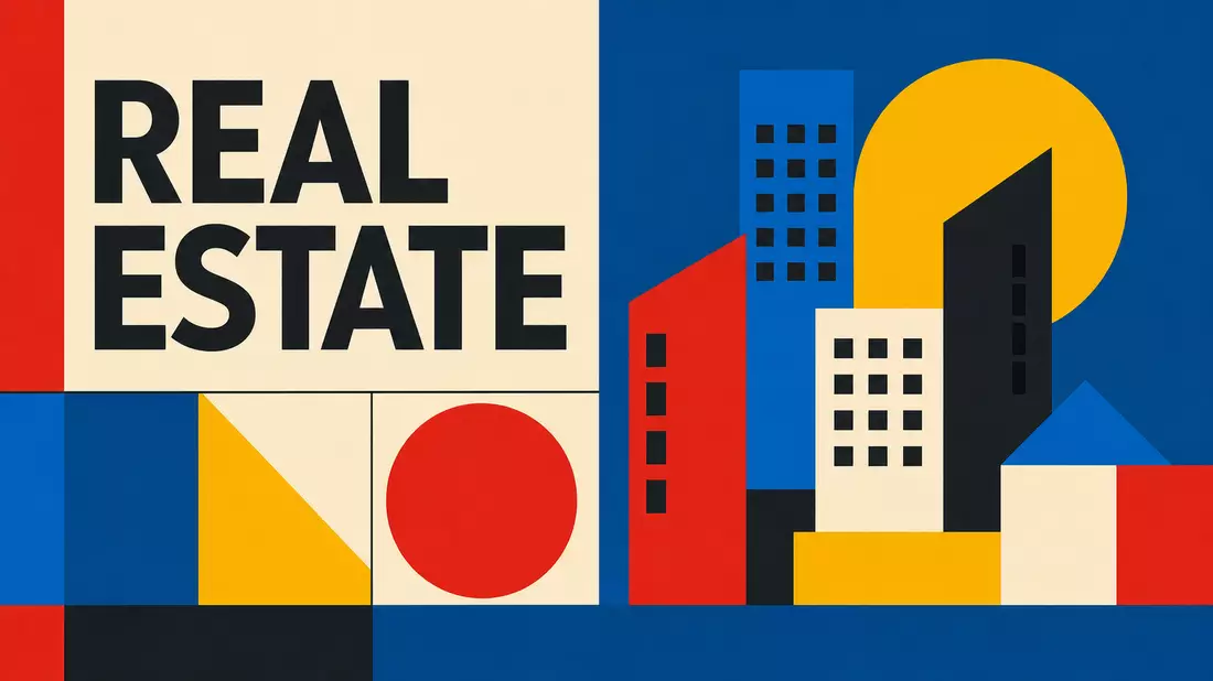 Bauhaus-Poster mit geometrischen Gebäudeformen und dem Schriftzug REAL ESTATE