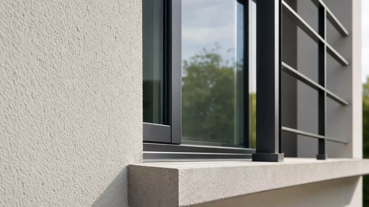 Makroaufnahme einer Gebäudefassade mit Fensterrahmen und Balkongeländer