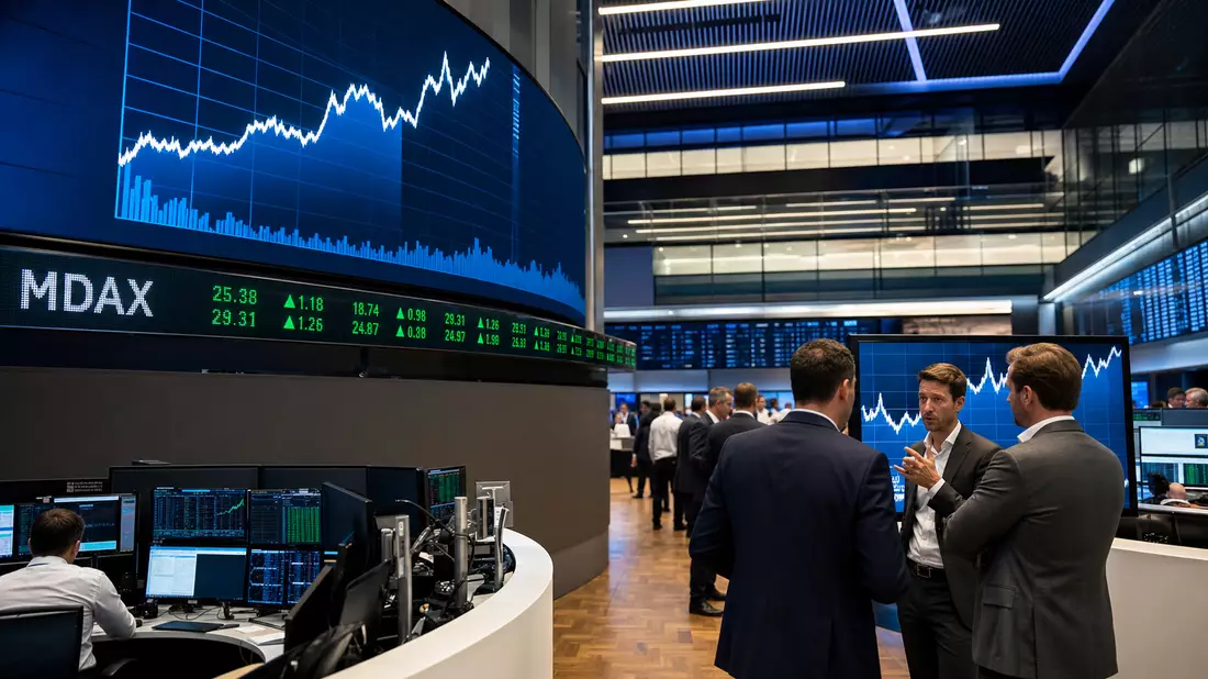 Börsenhändler diskutieren vor Bildschirmen mit Kurscharts und MDAX-Anzeige