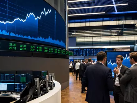 LEG Immobilien SE (DE000LEG1110) notiert im MDAX, symbolisiert durch die belebte Handelsfläche der Frankfurter Börse - Foto: THN