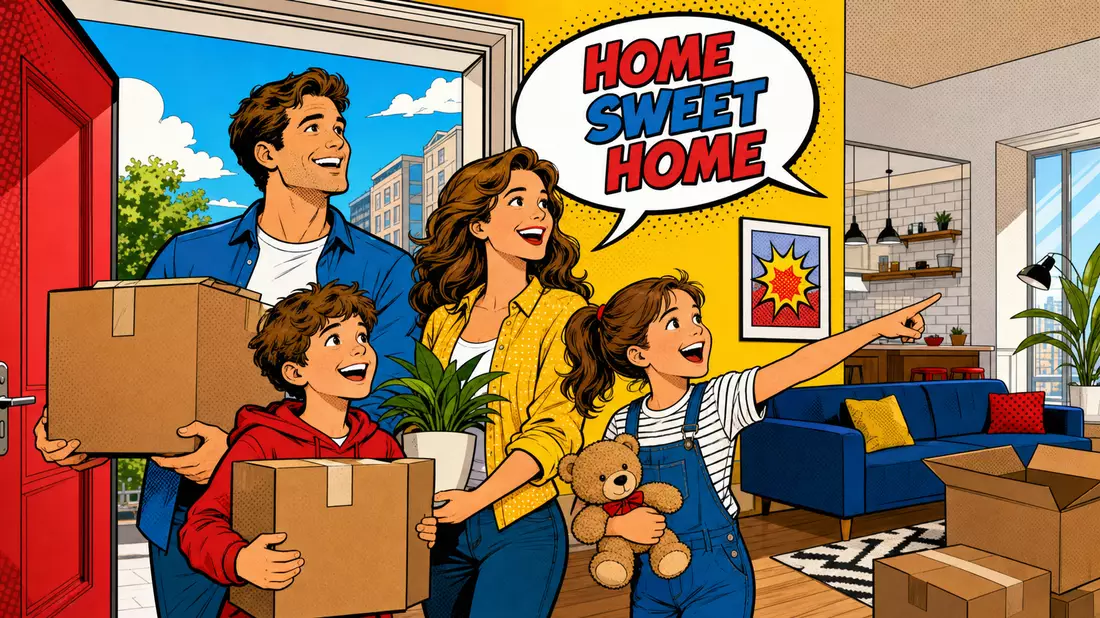 Pop-Art-Comic einer Familie beim Einzug in eine neue Wohnung mit Sprechblase