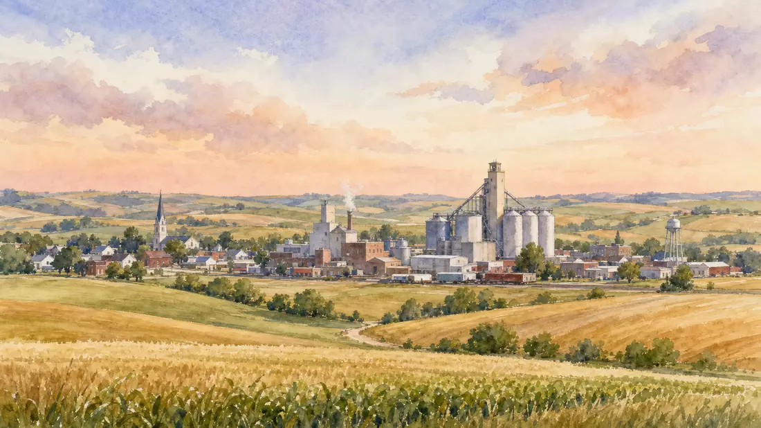 Aquarellbild einer amerikanischen Kleinstadt mit Getreidesilos und Feldern bei Sonnenuntergang