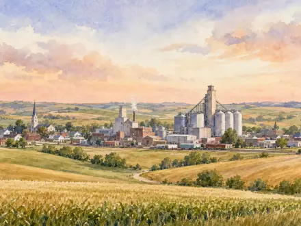Aquarellmalerei einer ländlichen Kleinstadt mit Verarbeitungsanlage veranschaulicht Lamb Weston ISIN US5132721045 Standort - Foto: THN