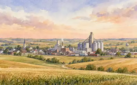 Aquarellmalerei einer ländlichen Kleinstadt mit Verarbeitungsanlage veranschaulicht Lamb Weston ISIN US5132721045 Standort - Foto: THN