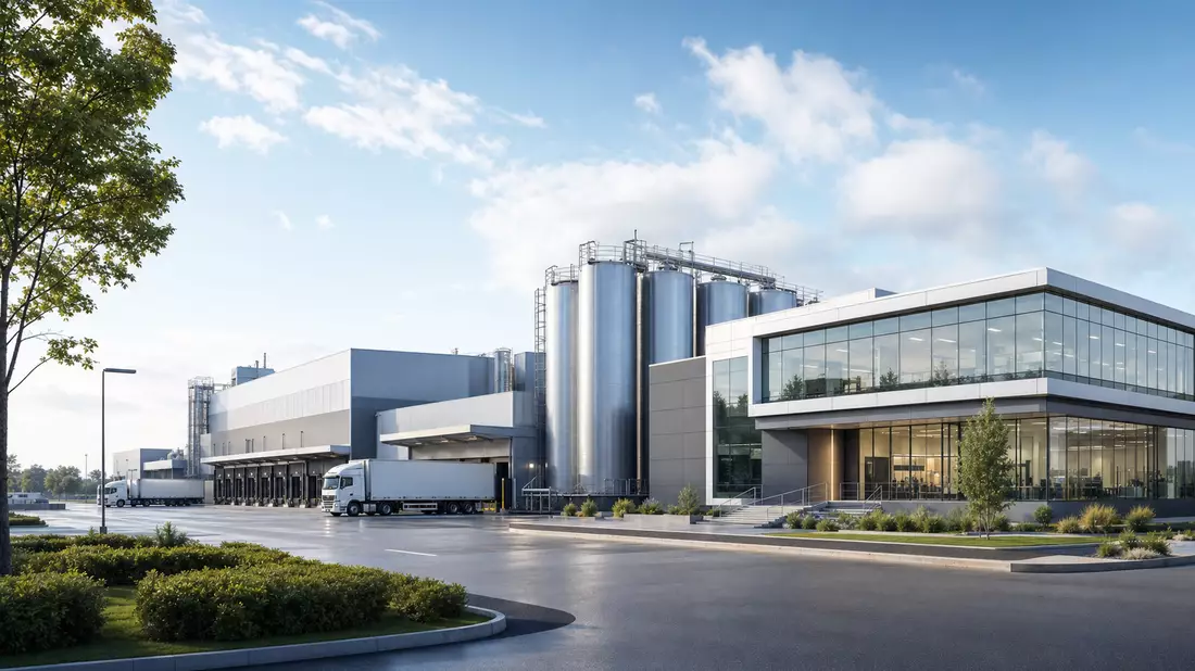 Architekturvisualisierung einer modernen Lebensmittelfabrik mit Silos und Lkw-Ladezone