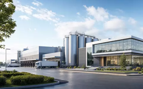 Modernes Architektur-Render einer unmarkierten Lebensmittelfabrik repräsentiert Lamb Weston Aktie ISIN US5132721045 visuell - Foto: THN