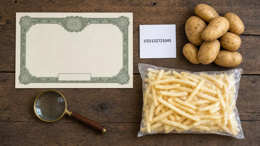 Flatlay-Anordnung aus Aktienzertifikat, ISIN-Karte, Kartoffeln und Tiefkühlpommes