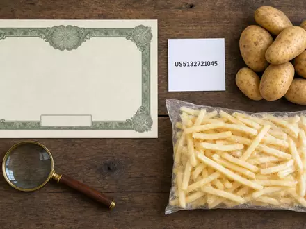 Flatlay mit Aktienzertifikat, ISIN-Karte US5132721045 und Kartoffelprodukten symbolisiert Lamb Weston Investment optisch - Foto: THN