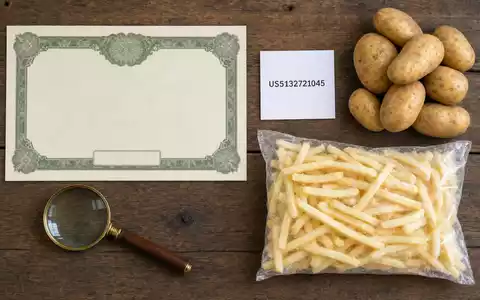 Flatlay mit Aktienzertifikat, ISIN-Karte US5132721045 und Kartoffelprodukten symbolisiert Lamb Weston Investment optisch - Foto: THN