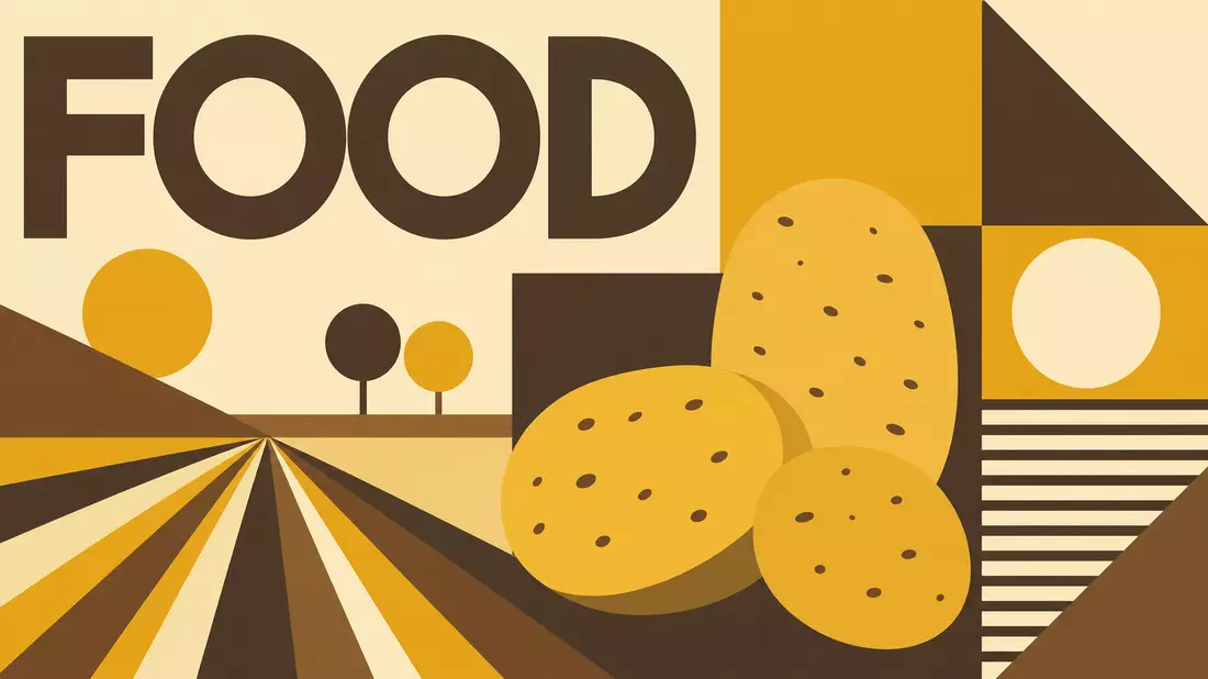 Bauhaus-Poster mit geometrischen Formen, Kartoffelmotiven und dem Wort FOOD