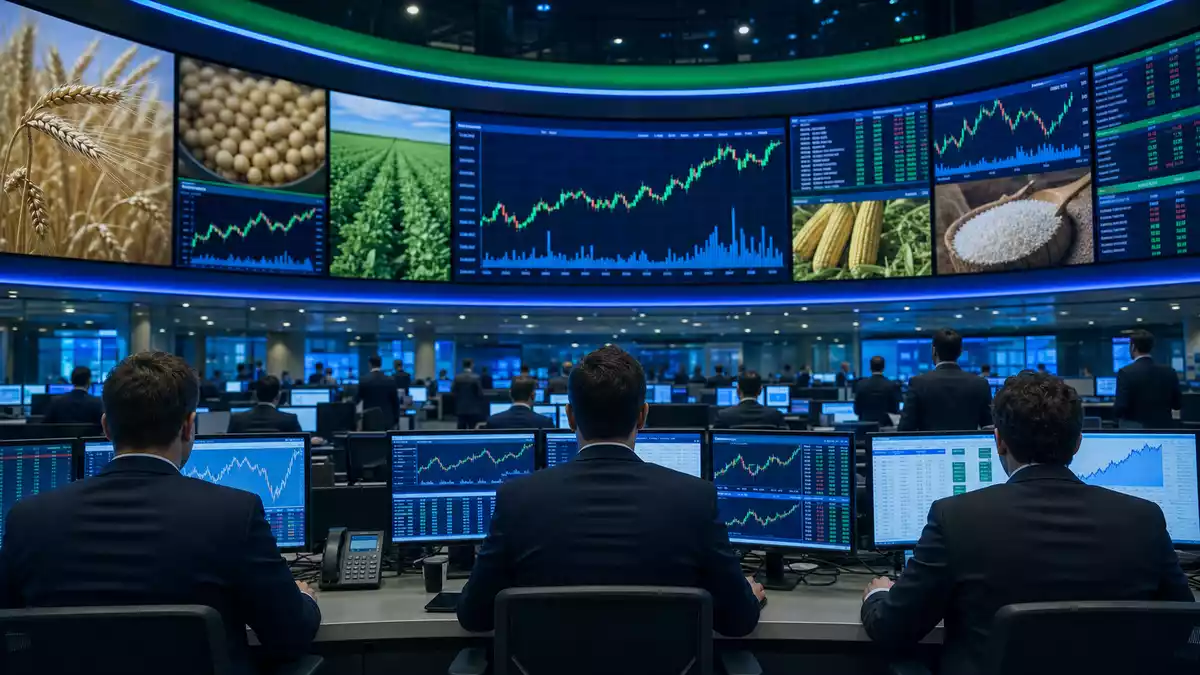 Trading-Floor mit Bildschirmen und Charts zu landwirtschaftlichen Rohstoffen