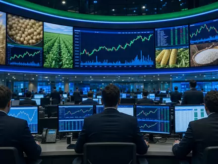 Börsen-Editorial mit Handelssaal und Agrarrohstoff-Charts illustriert Lamb Weston Aktie ISIN US5132721045 am NASDAQ - Foto: THN
