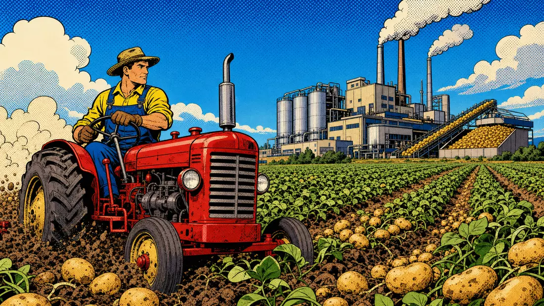 Pop-Art-Comic mit Traktor auf Kartoffelfeld vor einer Verarbeitungsfabrik