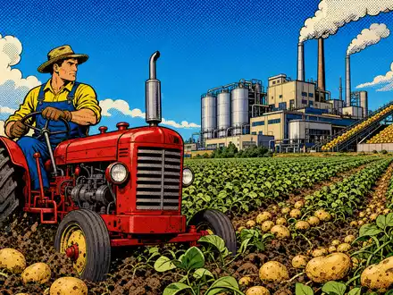 Farbenfrohe Pop-Art-Comic-Szene mit Traktor und Fabrik repräsentiert Lamb Weston Aktie ISIN US5132721045 kreativ - Foto: THN