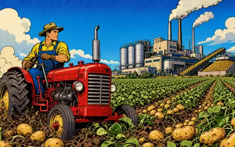 Farbenfrohe Pop-Art-Comic-Szene mit Traktor und Fabrik repräsentiert Lamb Weston Aktie ISIN US5132721045 kreativ - Foto: THN