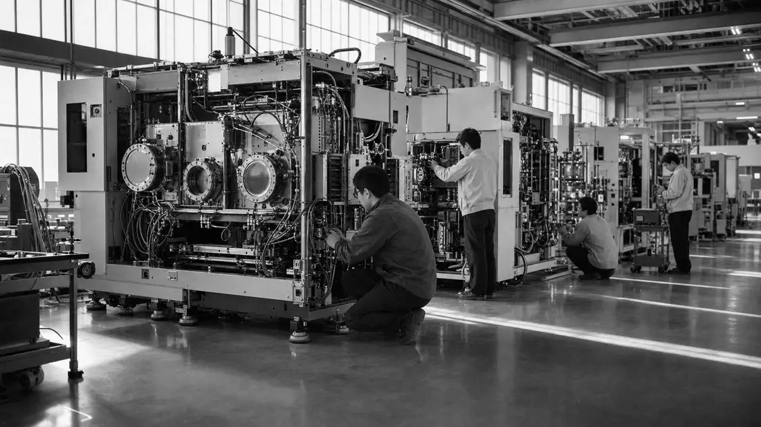 Schwarzweiß-Reportagefoto von Ingenieuren an Halbleiter-Fertigungsmaschinen in Industriehalle