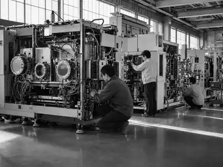 Lam Research (ISIN US5128071082) dokumentiert schwarzweiß Ingenieure beim Zusammenbau großer Halbleiter-Fertigungsmaschinen in Fabrikhalle - Foto: THN
