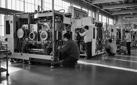 Lam Research (ISIN US5128071082) dokumentiert schwarzweiß Ingenieure beim Zusammenbau großer Halbleiter-Fertigungsmaschinen in Fabrikhalle - Foto: THN