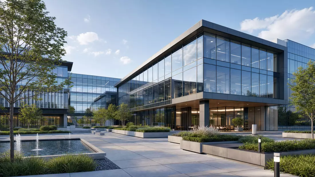 Architektur-Render eines modernen Glas- und Stahl-Firmengebäudes mit Wasserspiel