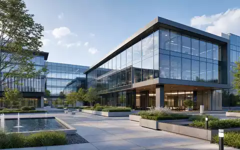 Lam Research (ISIN US5128071082) illustriert als Architektur-Render einen modernen Glas-Firmencampus mit begrüntem Innenhof - Foto: THN