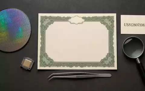 Lam Research (ISIN US5128071082) zeigt Flatlay mit Aktienzertifikat, ISIN-Karte, Siliziumwafer und Präzisionswerkzeugen - Foto: THN