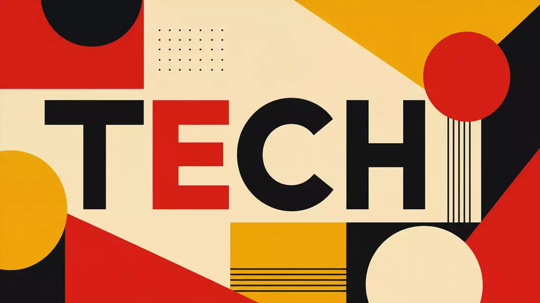 Bauhaus-Poster mit geometrischen Formen und großem Schriftzug TECH in Rot und Gelb