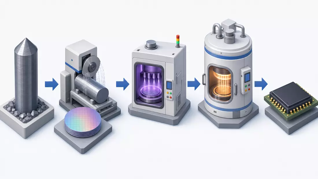 Isometrische 3D-Grafik der Halbleiter-Wertschöpfungskette vom Siliziumblock zum fertigen Chip