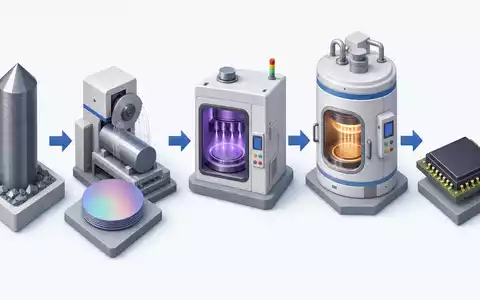 Lam Research (ISIN US5128071082) veranschaulicht isometrisch die Wertschöpfungskette der Halbleiterfertigung vom Silizium zum Chip - Foto: THN