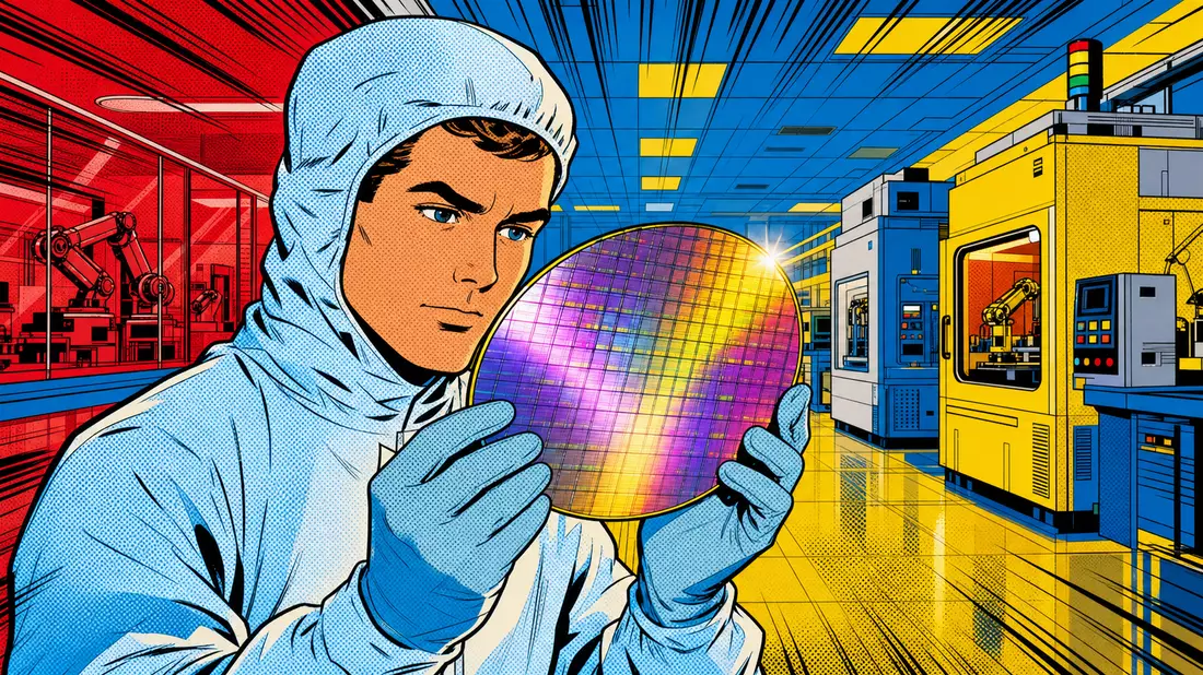 Pop-Art-Comicszene eines Technikers mit leuchtendem Siliziumwafer in bunter Fabrikhalle