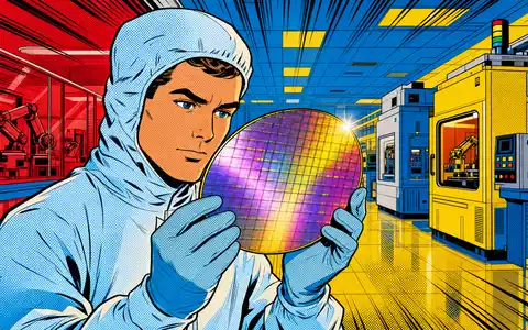 Lam Research (ISIN US5128071082) erscheint als farbenfrohe Pop-Art-Comicszene mit Techniker und leuchtendem Siliziumwafer - Foto: THN