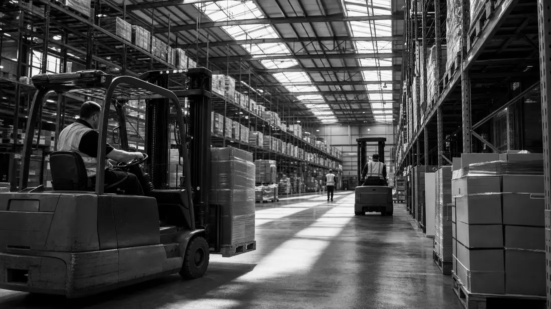 SW-Reportage: Arbeiter und Gabelstapler in Logistikhalle