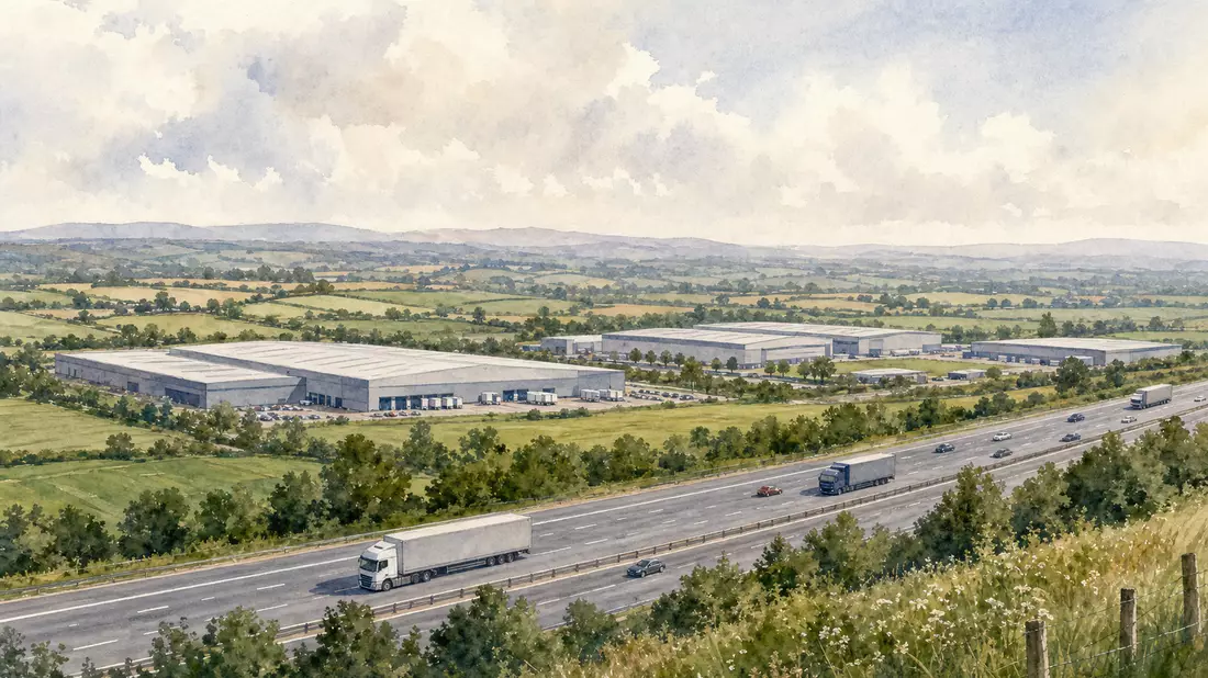 Aquarellbild einer britischen Logistiklandschaft mit Lagerhallen