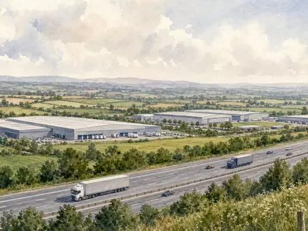 Aquarell zeigt britische Logistiklandschaft für Tritax Big Box REIT plc, ISIN GB0008847096, mit weitem Himmel - Foto: THN