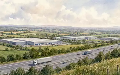 Aquarell zeigt britische Logistiklandschaft für Tritax Big Box REIT plc, ISIN GB0008847096, mit weitem Himmel - Foto: THN