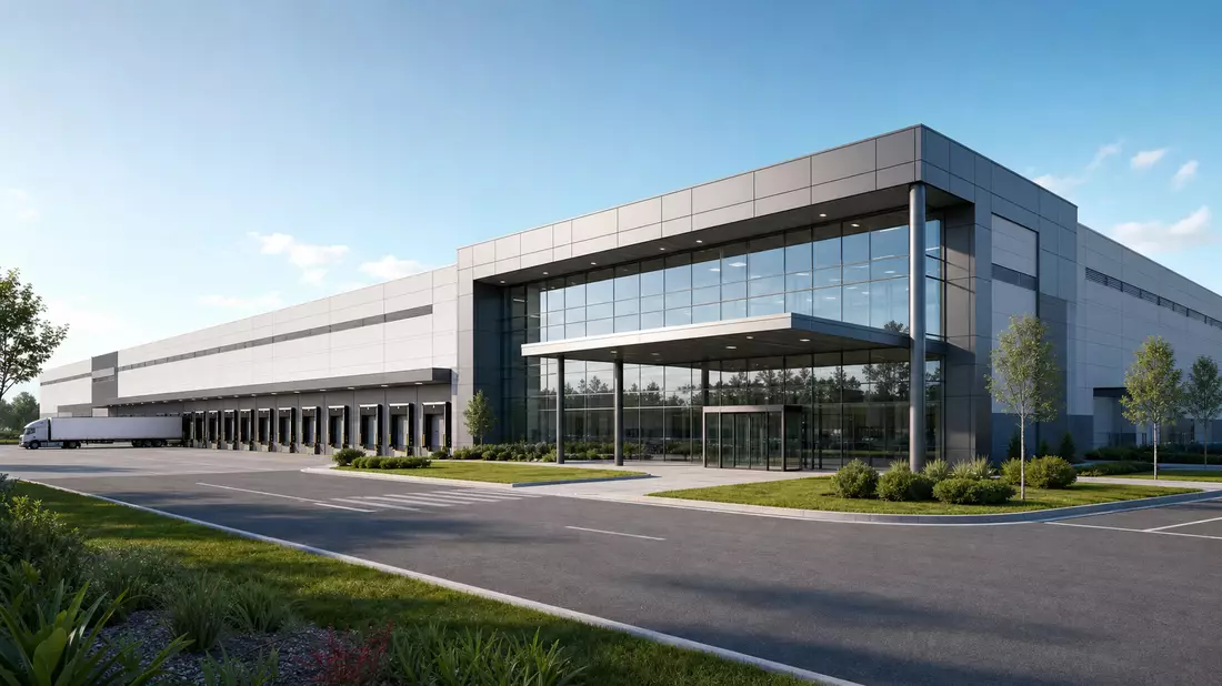 Architektur-Render eines modernen Logistikzentrums mit klaren Linien