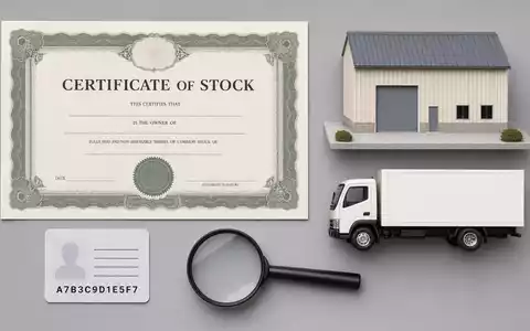 Flatlay-Arrangement zeigt Aktienzertifikat und ISIN-Karte von Tritax Big Box REIT plc, GB0008847096, neben Lagerhallenmodellen - Foto: THN